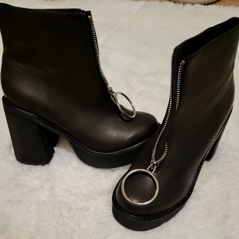 Dolls Kill Black Heeled Boots with Ring Zipper